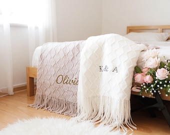 Personalized Sherpa Fleece Blanket, Engraved Leather Patch Cozy Sherpa Soft Textured Home Decor, Wedding Gift Housewarming Gift For Couple
