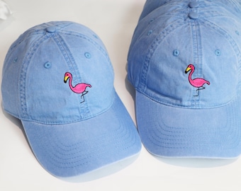 Flamingo Embroidery Baseball Cap Classic Solid Color Washed Distressed Dad Hats Breathable Adjustable Sun Hat