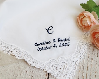 Personalized Lace Wedding Handkerchief: Embroidered Mother of the Bride Gift