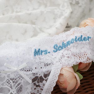 Personalized White Lace Bridal Thong,gift for bride,Lace thong panty Bridal,Mrs Bride Lace Thong Personalized. Gift for the Bride.