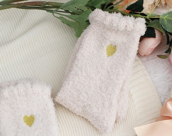 Christmas Fuzzy Socks for Women,Warm Coral Fleece Embroidered Gold Heart Socks,Cozy Winter Gift for Friends,Stocking Stuffer Holiday Present