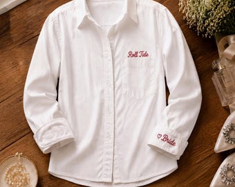 Party Shirt with Custom Sleeve Embroidery, Bridesmaid & Bachelorette Gift, Women’s Elegant Oxford Top