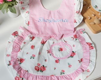 Kid’s Apron with Embroidery Name Toddler Cooking Pinafore Ruffle Apron Personalized Apron With Pockets Birthday Gifts for Child/Girls