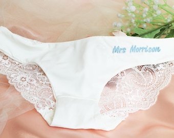 Personalized White Lace Bridal Thong: Custom Wedding Underwear
