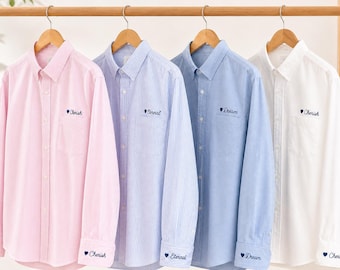 Button Down With Embroidered Cuff Detail, Button Down For Bridal Party, Minimalist Wedding Day Button Up Shirt, Mini Monogram Coastal Oxford