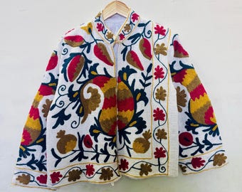 Handmade Cotton Suzani Embroidered Jacket: White Kimono Coat