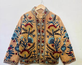 Suzani Embroidered Jacket, Handcrafted Cotton Floral Cardigan, Bohemian Ethnic Outerwear, Festival Wear, Christmas Gift for Women