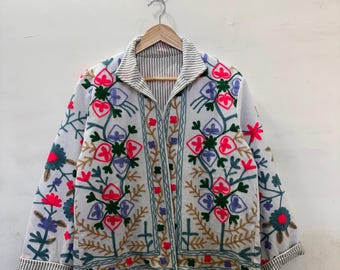 White Velvet Suzani Embroidery Jacket: Handmade Floral Coat