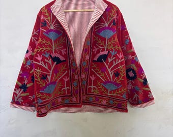Bohemian Velvet Suzani Jacket, Handmade Embroidered Coat