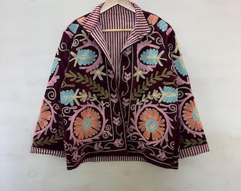 Giacca Suzani in velluto bordeaux boho / cappotto kimono ricamato, taglia comoda