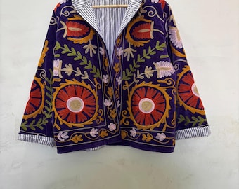 Giacca Suzani in velluto blu boho / Cappotto kimono ricamato, taglia comoda