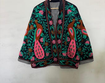 Black Handmade TNT Cotton Suzani Jacket, Boho Floral Embroidered Coat with Peacock Motifs, Ethnic Short Winter Unisex Outerwear
