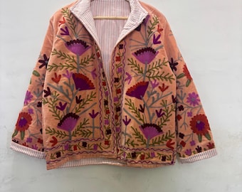 Giacca Suzani in velluto bordeaux boho / cappotto kimono ricamato, taglia comoda