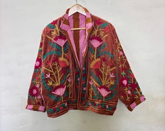 Boho Velvet Suzani Jacket Handmade Embroidered Floral Coat Indian Style Festival Kimono For Unisex Bohemian Ethnic Outerwear Handmade Jacket