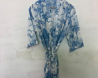 Block Print Cotton Kimono Robe, Floral Bridesmaid Dressing Gown, Summer Nightwear