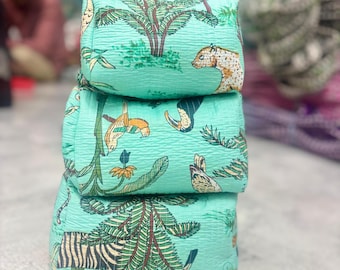 Handmade Indian Cotton Toiletry Bag Set | Printed Quilted Cosmetic Pouches | Set of 3 | Gifts for Her | Handmade Bags