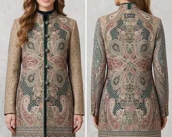 Kashmiri Wool Pashmina Jacket, Women's Paisley Long Winter Coat, Ethnic Boho Outerwear