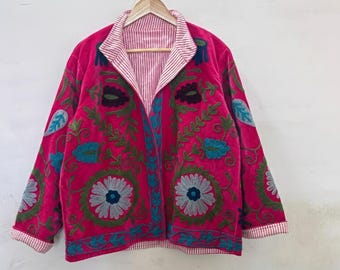 Vintage Suzani Embroidered Velvet Jacket |Pink Jacket | Bomber Hippie Jacket | Winter Warmed Coat | Gift For Her |Duster Short Floral Jacket