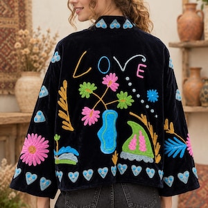 Black Velvet Embroidered Jacket Colorful Boho Floral Coat Statement Jacket Folk Art Outerwear Handmade Unique Gift