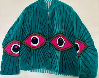 Handmade Velvet Evil Eye Embroidery Jacket: Boho Hippie Winter Coat