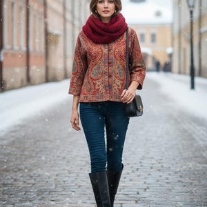 Jaqueta de lã pashmina da Caxemira: Casaco vintage com estampa paisley, presente perfeito para o Dia dos Namorados.