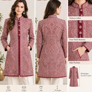 Op de afbeelding: Een jas met lange mouwen met een rood en veelkleurig paisley-patroon, een Nehru-kraag en vier potli-knopen aan de voorzijde. De jas heeft zijzakken en een standaardlengte van 99 cm, zoals aangegeven in de zichtbare maataanduiding.