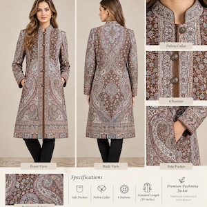 Op de afbeelding: Een jas met lange mouwen en een bruin, blauw en wit paisley-patroon. Het kledingstuk is voorzien van een Nehru-kraag, vier knopen aan de voorzijde en zijzakken. De jas heeft een standaardlengte van 99 cm en is gemaakt van pashmina-stof.