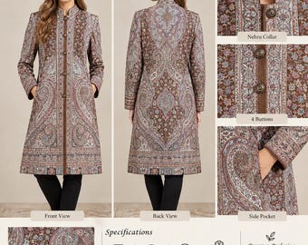 Könnte beinhalten: Eine langärmelige Jacke mit einem braunen, blauen und weißen Paisley-Muster. Sie verfügt über einen Nehru-Kragen, vier Knöpfe auf der Vorderseite und Seitentaschen. Das Kleidungsstück hat eine Länge von 99 cm und besteht aus Pashmina-Stoff.