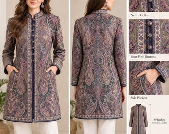 May include: A long-sleeved jacket featuring a dark blue, purple, and cream paisley pattern. It includes a Nehru collar, four front potli buttons, and side pockets. The garment has a standard length of 39 inches as indicated by the visible measurement.