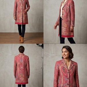 Op de afbeelding: Een rode jas met paisley-patroon met een knoopsluiting, zakken en een contrasterende rode rand aan de zoom. De jas is knielang en heeft een klassieke reverskraag. De jas wordt gedragen met een zwarte broek en bruine laarzen.