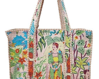 Frida Print Quilted Tote Bag, Multicolor Quilted Hand Block Floral Printed Women's Carry Bag Shoulder Shopping Tote Bags