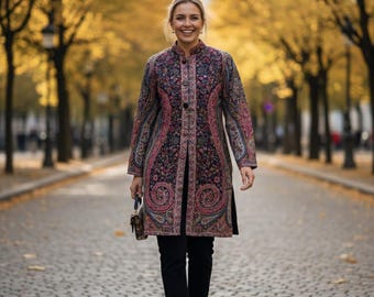 Kashmiri Aari Embroidered Silk  Long Jacket | Floral Coat, Long Kashmiri Jacket With Chainstitch Embroidery, Woolen Jacket