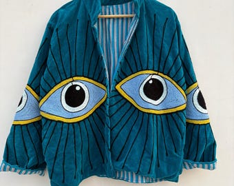 Eye Embroidery Velvet Jacket, Handmade Boho Festival Coat, Artistic Suzani Outerwear, Short Suzani Blazer, Embroidered Jacket for Women