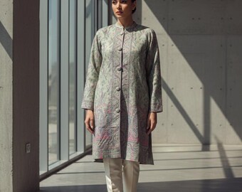 Long Kashmiri Jacket With Chainstitch Embroidery, Customisable Kashmiri Woolen Jacket With kashmiri Embroidery, Boho coat ,Embellished coat