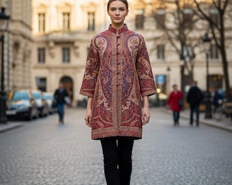 Kashmiri Pashmina Wool Jacket for Women, Handmade Paisley Long Winter Coat, Ethnic Boho Kashmiri Outerwear