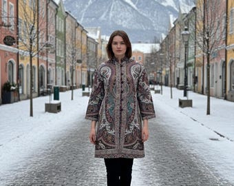 Kashmiri Woolen Jacket for Women | Handmade Paisley Ethnic Winter Coat | Traditional Kashmiri Wool Long Jacket | Boho Winter Wear
