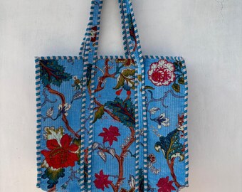 Handmade Velvet Quilted Tote Bag | Floral Print Ethnic Shopper
