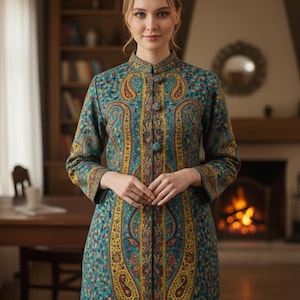 Puede incluir: Un abrigo de manga larga con botones y un vibrante estampado de cachemira en verde azulado, amarillo y rojo. El abrigo tiene cuello mandarín y llega hasta la rodilla. El intrincado diseño es una característica destacada de la prenda.