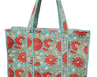 Handmade Quilted Cotton Tote Bag: Block Floral Print Travel Shopper, Perfect Gift for her
