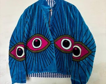 Evil Eye Velvet Jacket: Handmade Embroidered Suzani Boho Coat