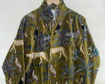Green jungle safari Women Velvet Jacket, Tiger Printed Velvet Jacket, Cotton Velvet Coat, Winter Wear Jacket Coat, Gift For Her