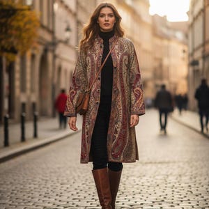 Puede incluir: Un abrigo largo con botones y estampado de cachemira en tonos marrón, rojo y dorado. El abrigo se lleva con un cuello alto negro, pantalones negros y botas altas marrones. Un bolso bandolera de cuero marrón completa el look.