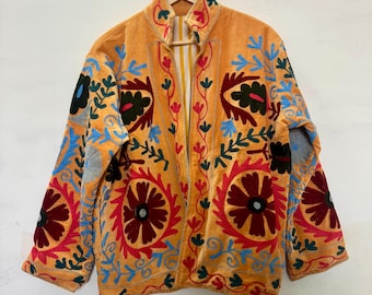 Unique Hand-Stitched Velvet Jacket – Bohemian Floral Embroidery, Vintage Inspired Style Vibrant Velvet Jacket with Floral Embroidery
