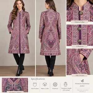 Pode incluir: Um casaco de pashmina de manga comprida com um padrão paisley vibrante em magenta, roxo e azul-petróleo. O casaco inclui uma gola Nehru, quatro botões metálicos e bolsos laterais. Comprimento padrão de 99 cm conforme indicado no texto.