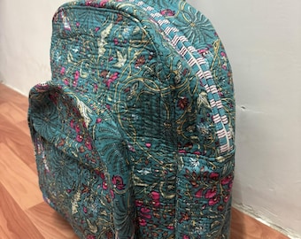 Mochila acolchada de algodón con estampado de bloques, hecha a mano, estilo vintage indio, ideal como regalo para estudiantes, niñas y niños, mochila única de viaje.