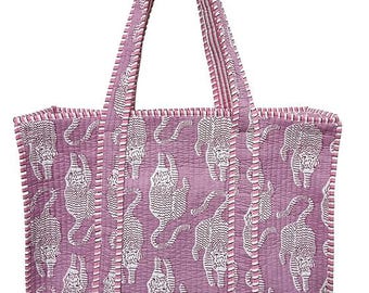 Tiger Print Cotton Tote Bag: Handmade Quilted Market Bag, Perfect Gift for her