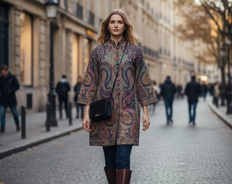 Kashmiri Woolen Jacket for Women, Handmade Paisley Long Winter Coat, Ethnic Kashmiri Wool Jacket, Boho Traditional Outerwear