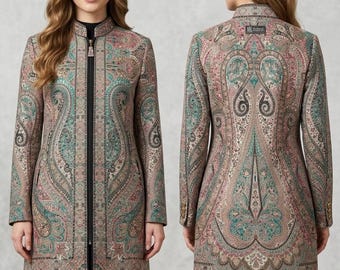 Kashmiri Woolen Jacket for Women, Handmade Paisley Long Winter Coat, Ethnic Boho Wool Jacket, Traditional Kashmiri Outerwear