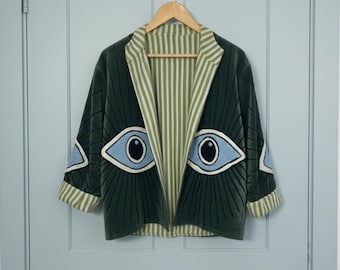 Handgjord sammetsjacka med broderi och himmelsliknande onda ögat: Boho hippie vinterkappa
