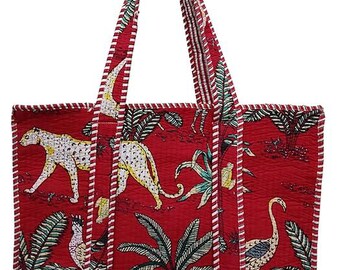 Handmade Jungle Print Quilted Cotton Tote Bag: Travel Beach Shopper